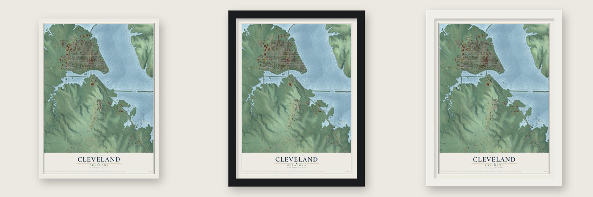 Cleveland, Oklahoma map unframed, in a black wood frame and in a white wood frame
