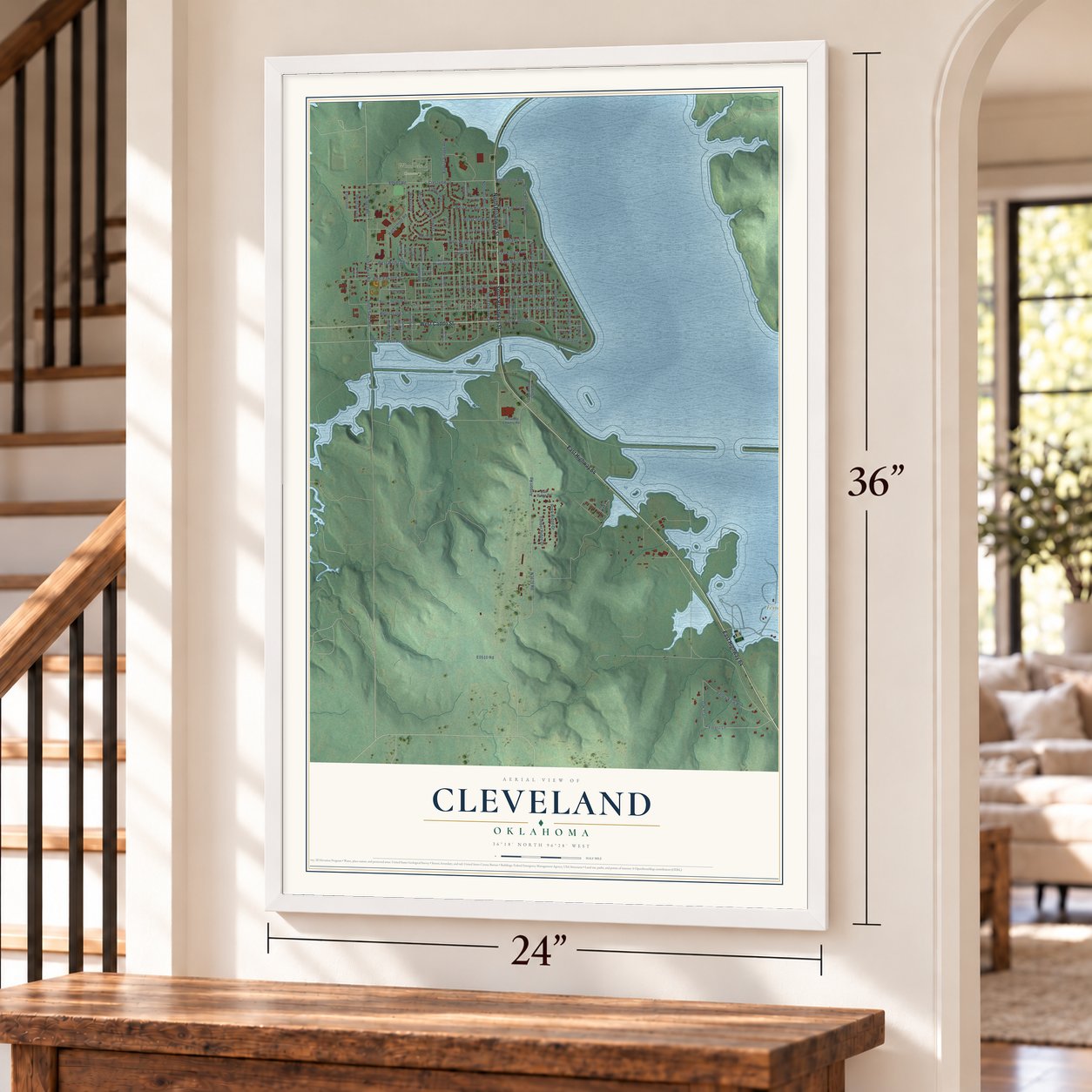 Cleveland, Oklahoma map, 24 x 36 inch print in a white frame by a staircase