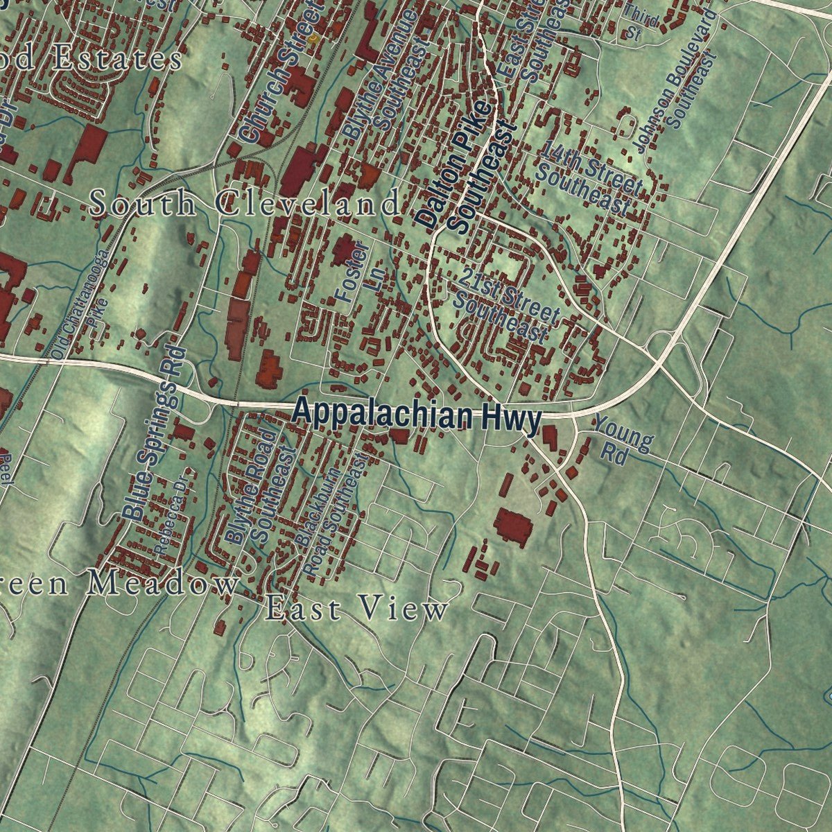 Second close-up of the map of Cleveland, Tennessee print showing more streets and buildings