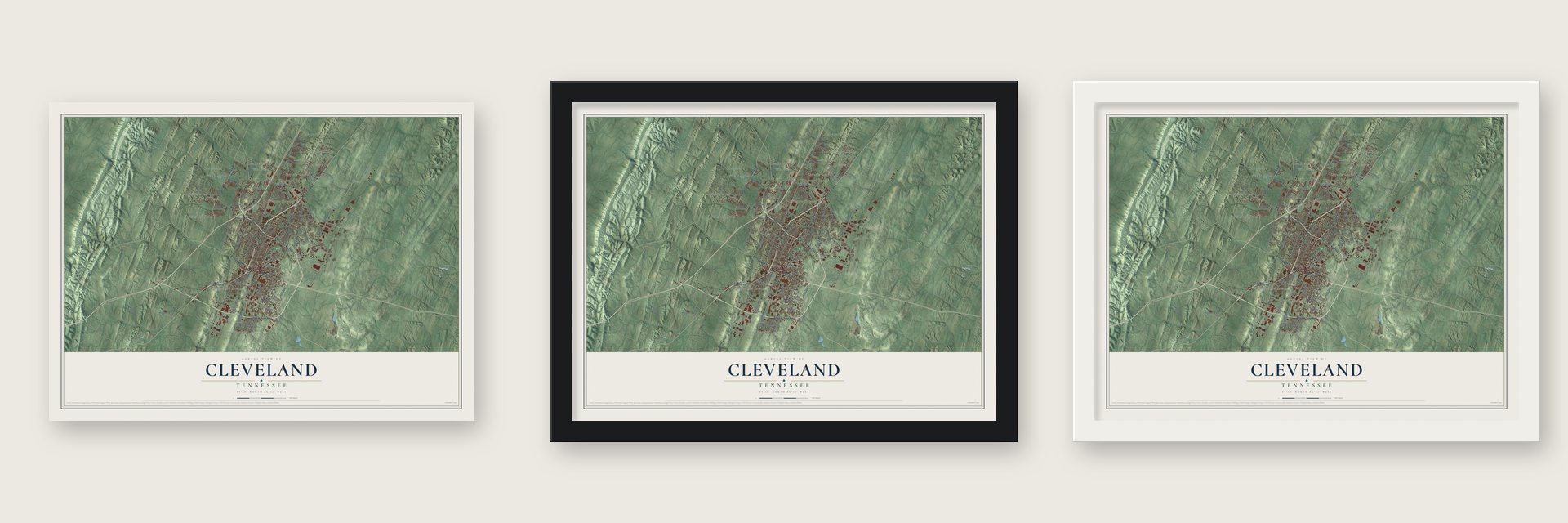 Cleveland, Tennessee map unframed, in a black wood frame and in a white wood frame