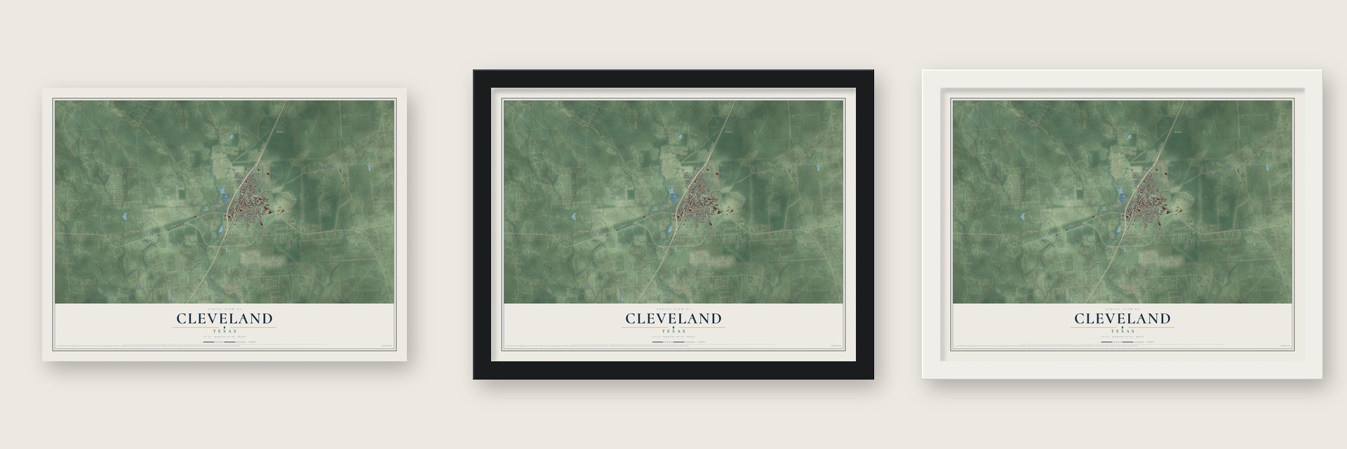 Cleveland, Texas map unframed, in a black wood frame and in a white wood frame
