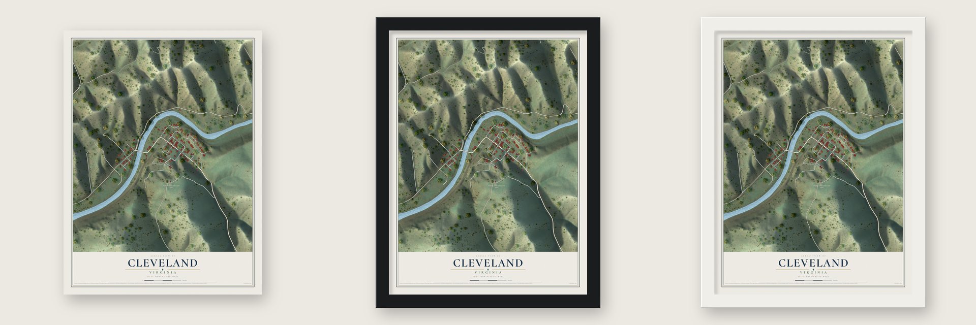 Cleveland, Virginia map unframed, in a black wood frame and in a white wood frame