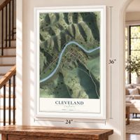 Cleveland, Virginia map, 24 x 36 inch print in a white frame by a staircase
