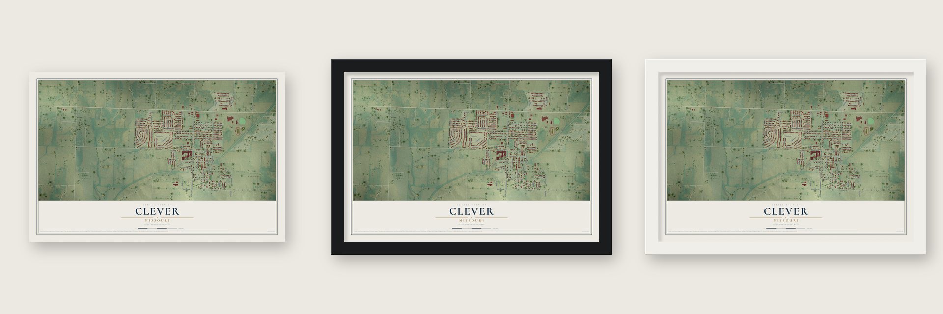 Clever, Missouri map unframed, in a black wood frame and in a white wood frame
