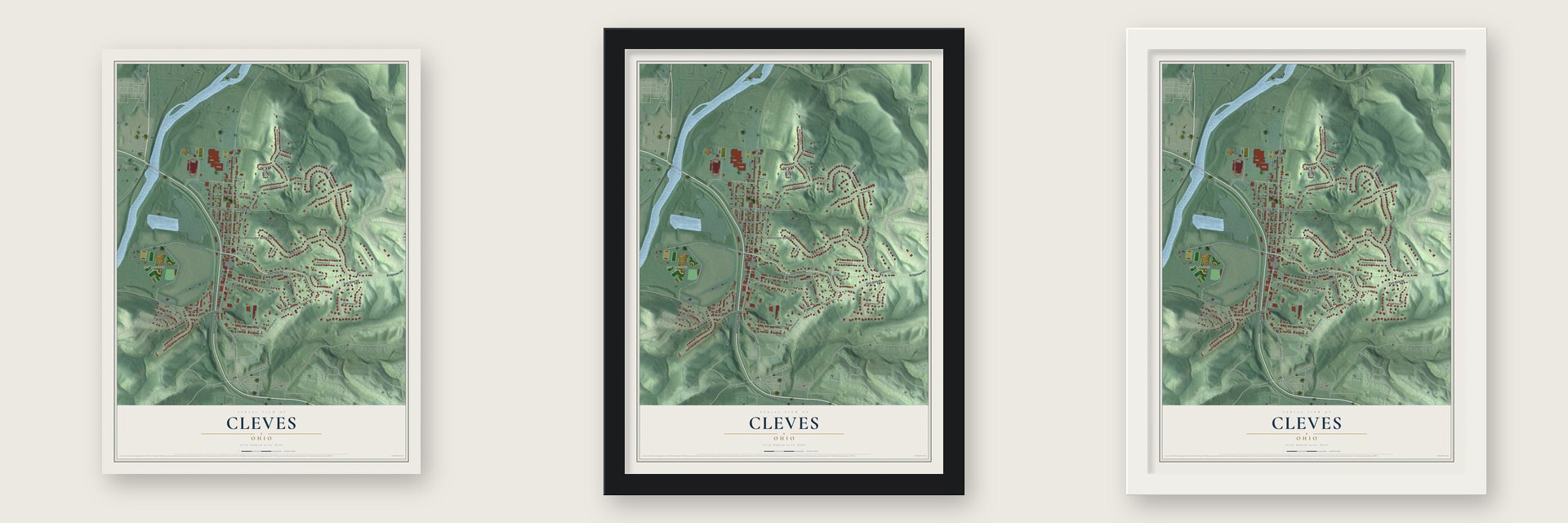 Cleves, Ohio map unframed, in a black wood frame and in a white wood frame