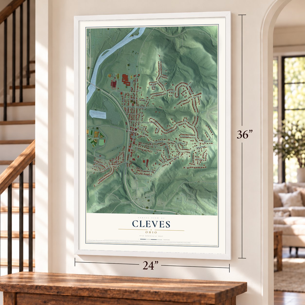 Cleves, Ohio map, 24 x 36 inch print in a white frame by a staircase