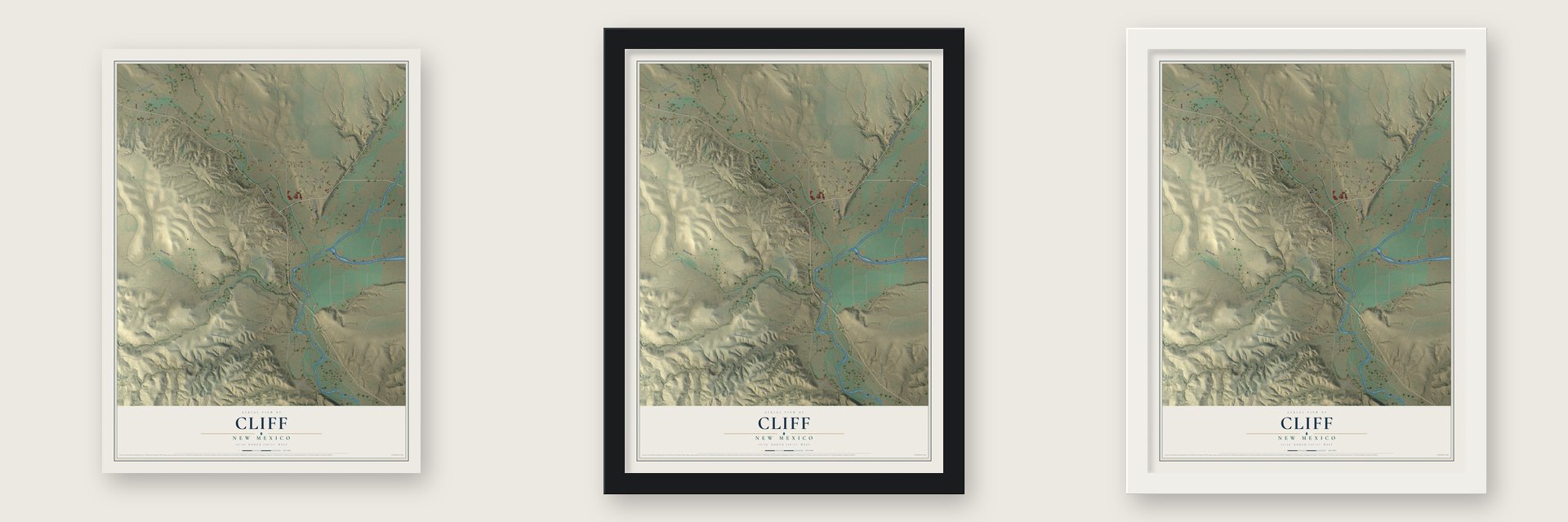 Cliff, New Mexico map unframed, in a black wood frame and in a white wood frame