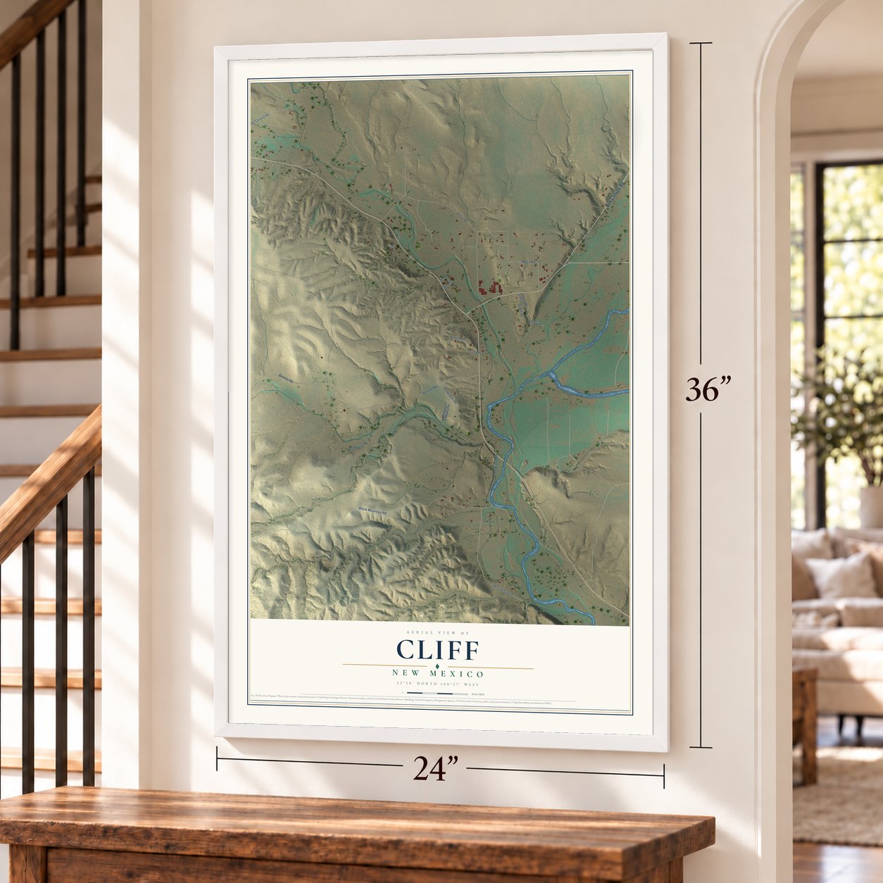 Cliff, New Mexico map, 24 x 36 inch print in a white frame by a staircase