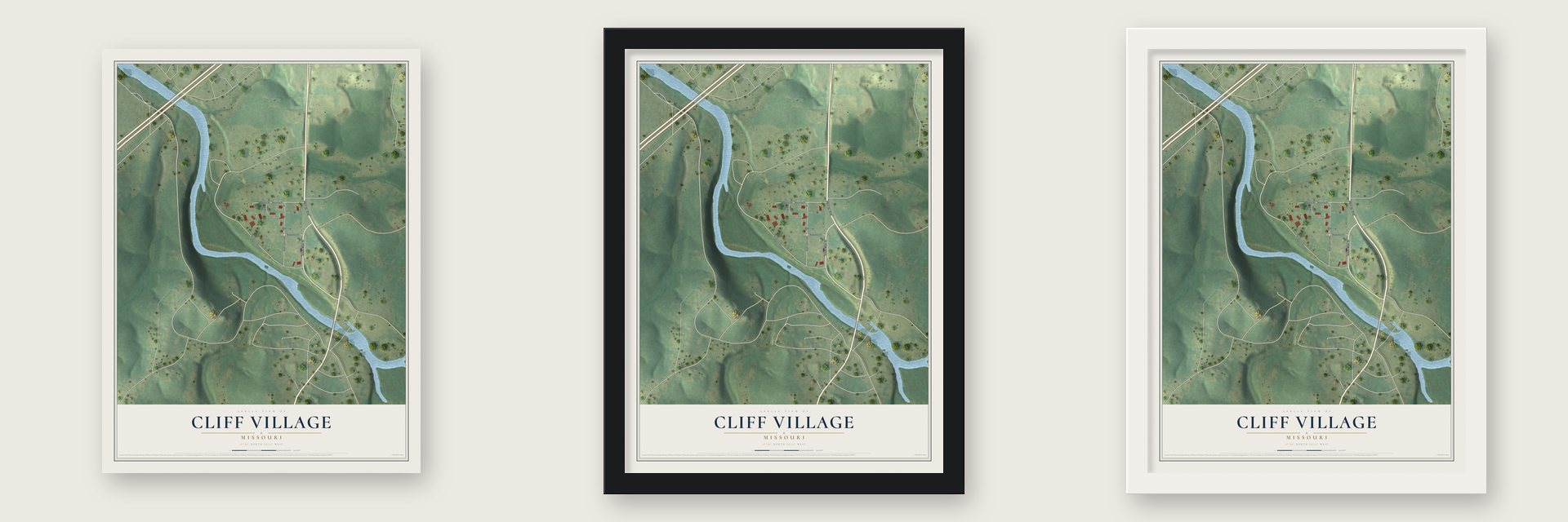 Cliff Village, Missouri map unframed, in a black wood frame and in a white wood frame