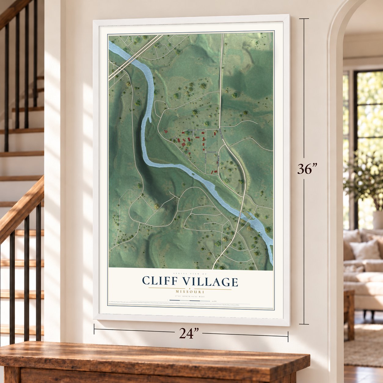 Cliff Village, Missouri map, 24 x 36 inch print in a white frame by a staircase