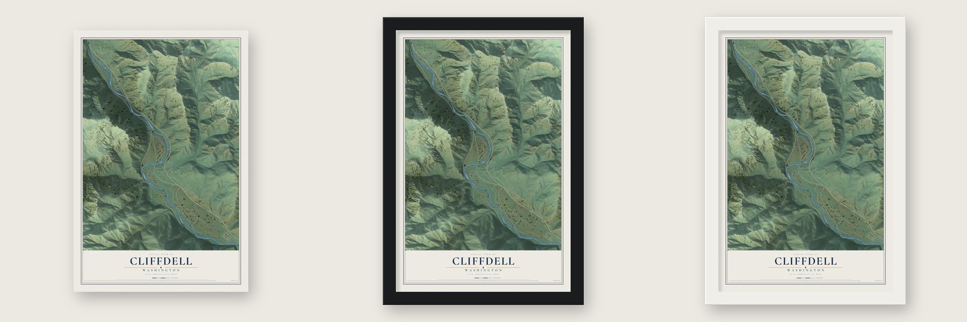 Cliffdell, Washington map unframed, in a black wood frame and in a white wood frame