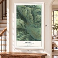 Cliffdell, Washington map, 24 x 36 inch print in a white frame by a staircase