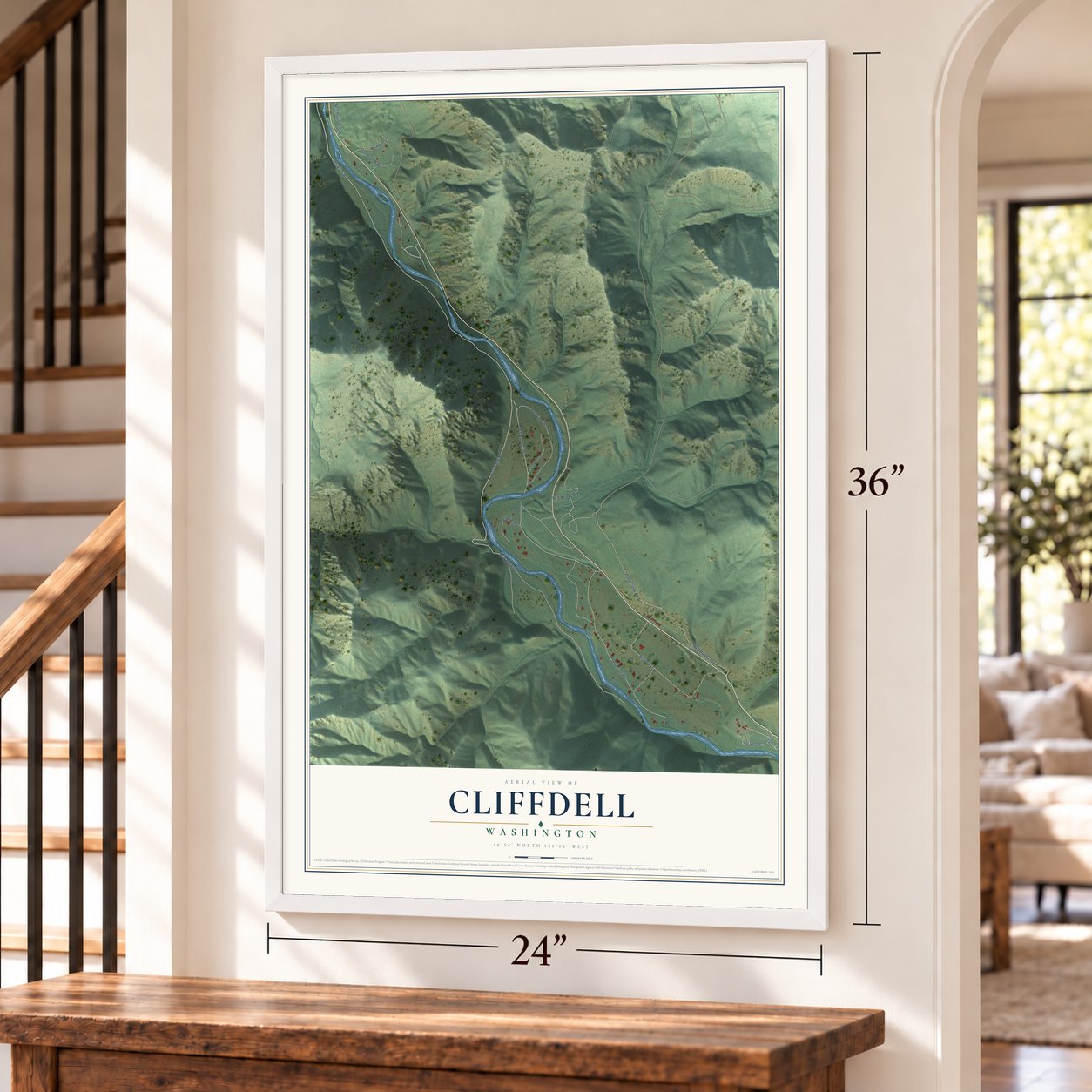 Cliffdell, Washington map, 24 x 36 inch print in a white frame by a staircase