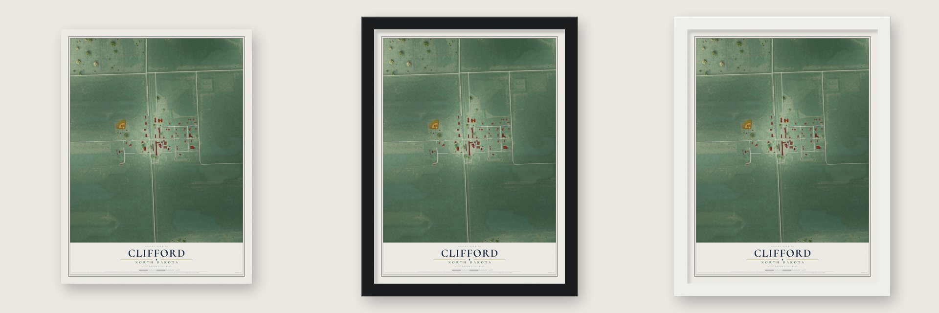 Clifford, North Dakota map unframed, in a black wood frame and in a white wood frame