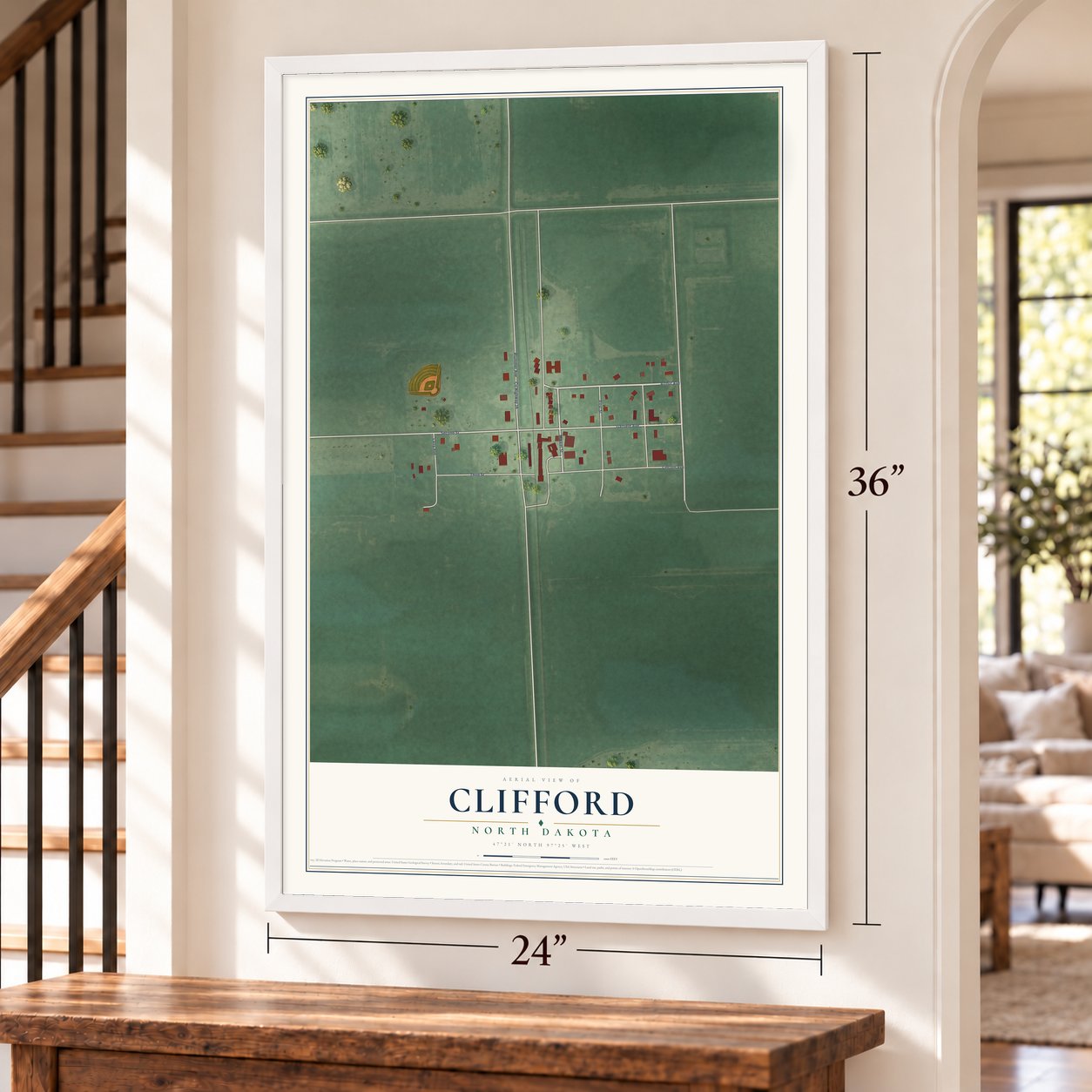 Clifford, North Dakota map, 24 x 36 inch print in a white frame by a staircase