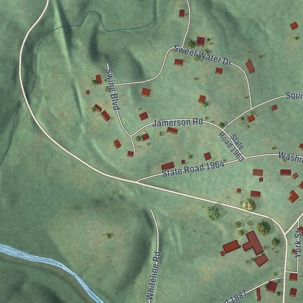 Second close-up of the map of Cliffside, North Carolina print showing more streets and buildings