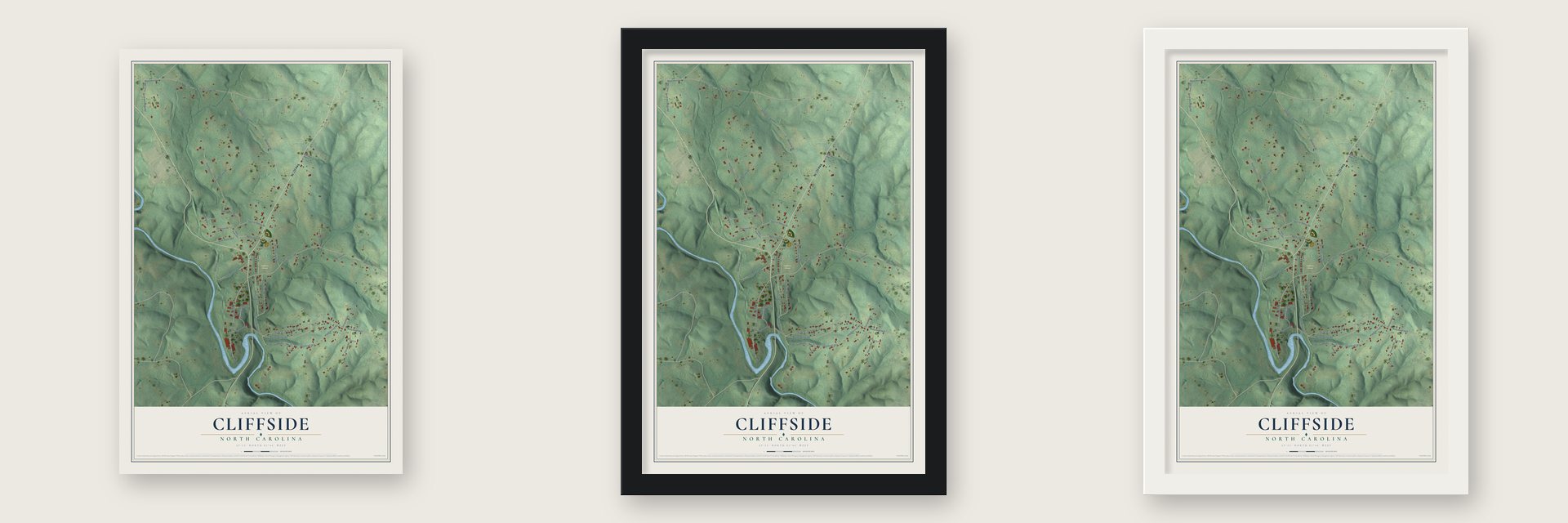 Cliffside, North Carolina map unframed, in a black wood frame and in a white wood frame