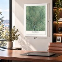 Cliffside, North Carolina map, 18 x 24 inch print in a white frame in a home office