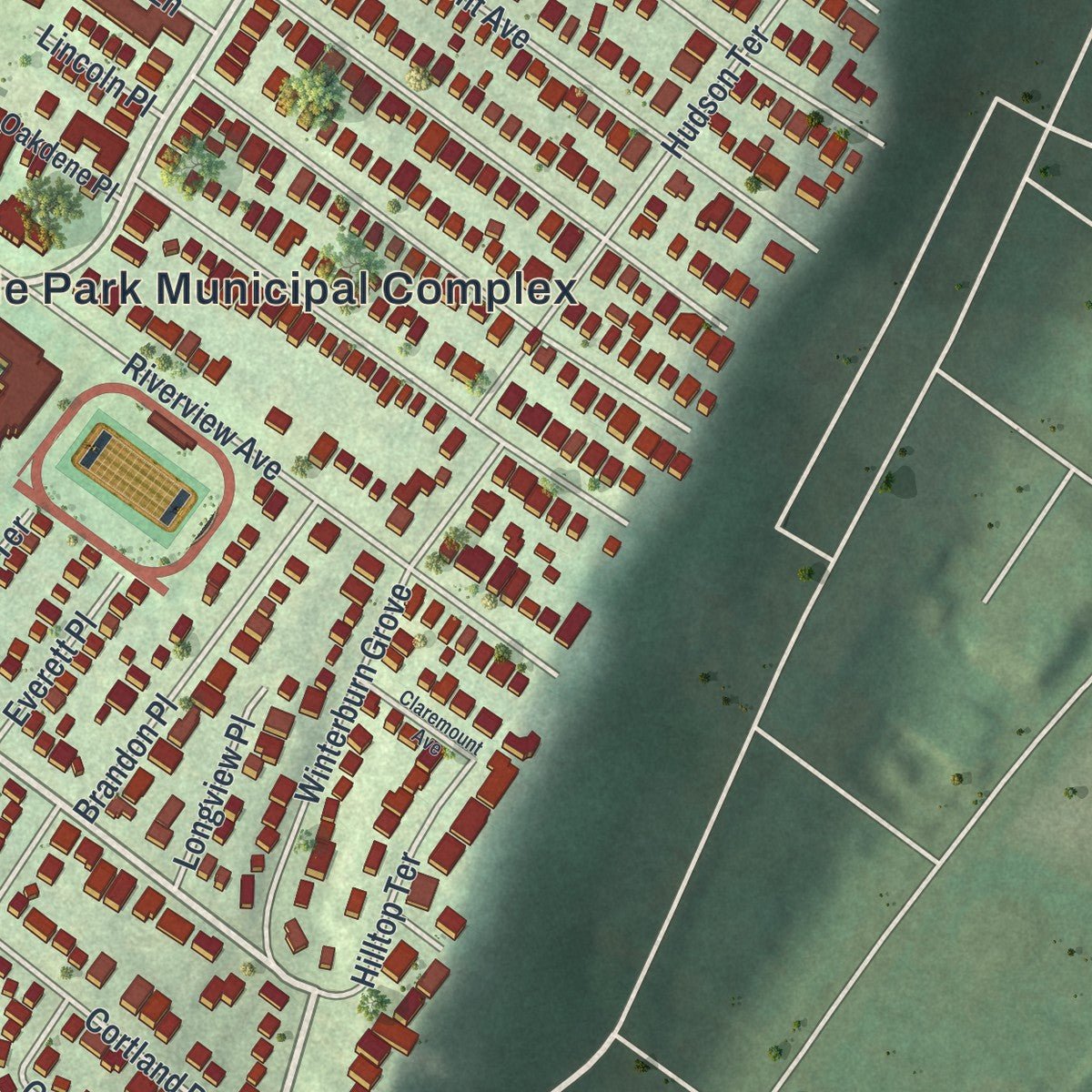 Second close-up of the map of Cliffside Park, New Jersey print showing more streets and buildings