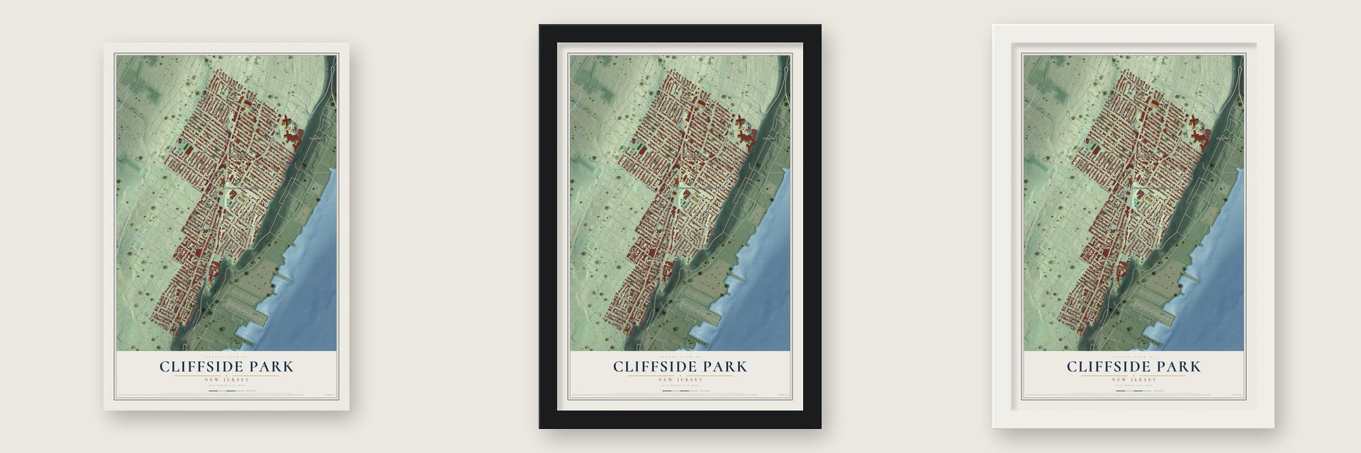 Cliffside Park, New Jersey map unframed, in a black wood frame and in a white wood frame