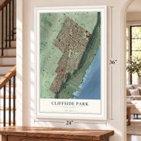 Cliffside Park, New Jersey map, 24 x 36 inch print in a white frame by a staircase