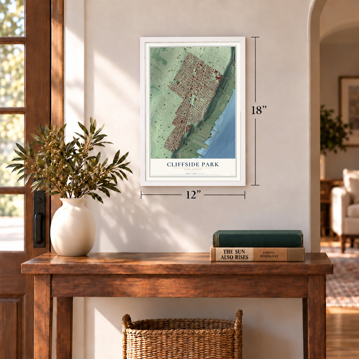 Cliffside Park, New Jersey map, 12 x 18 inch print in a white frame in an entryway