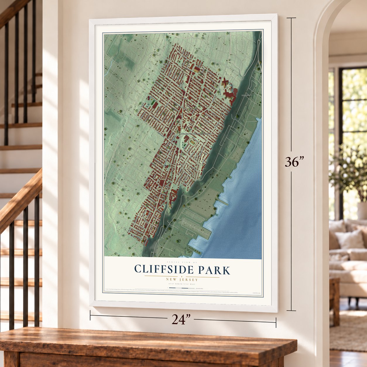 Cliffside Park, New Jersey map, 24 x 36 inch print in a white frame by a staircase