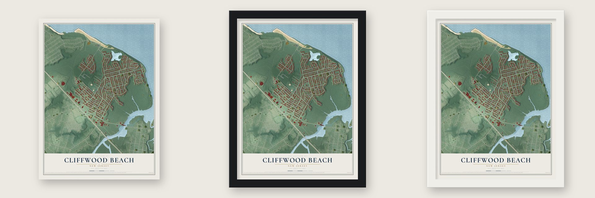 Cliffwood Beach, New Jersey map unframed, in a black wood frame and in a white wood frame