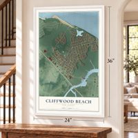 Cliffwood Beach, New Jersey map, 24 x 36 inch print in a white frame by a staircase