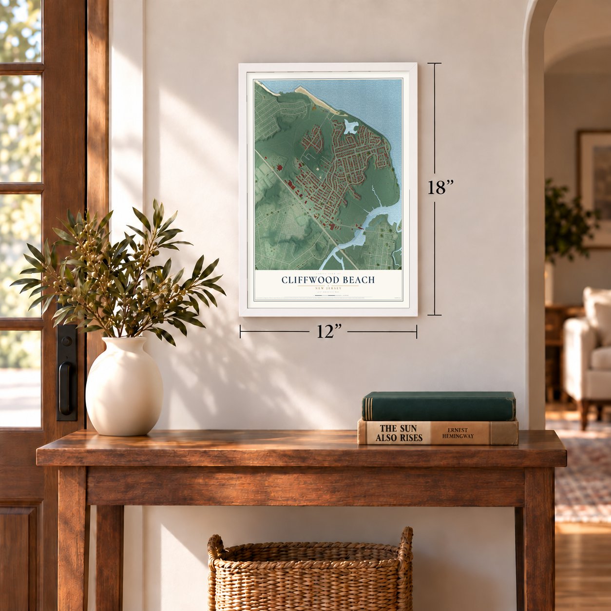 Cliffwood Beach, New Jersey map, 12 x 18 inch print in a white frame in an entryway