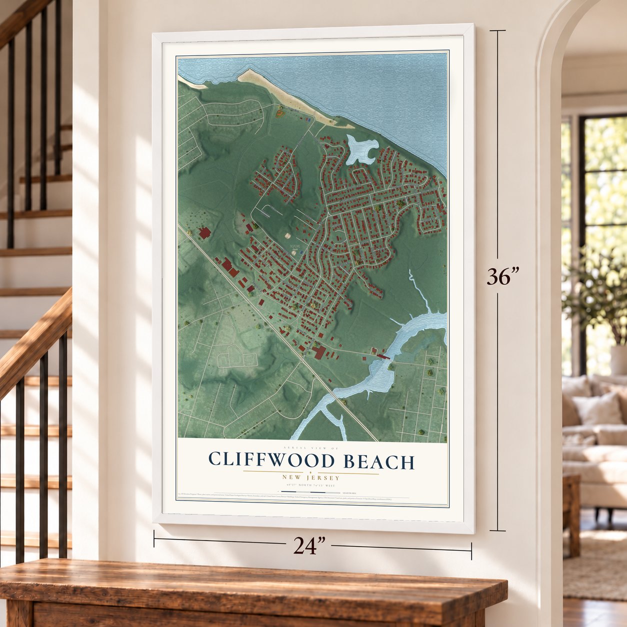 Cliffwood Beach, New Jersey map, 24 x 36 inch print in a white frame by a staircase