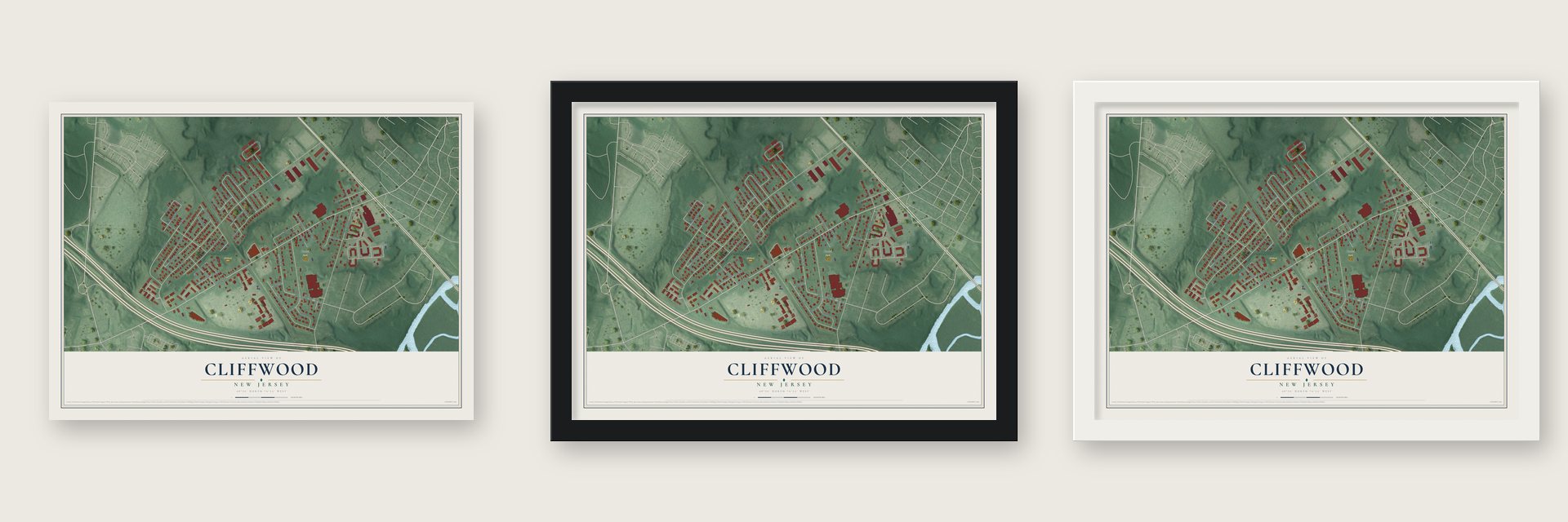 Cliffwood, New Jersey map unframed, in a black wood frame and in a white wood frame