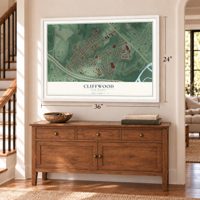 Cliffwood, New Jersey map, 24 x 36 inch print in a white frame above a dresser by a staircase
