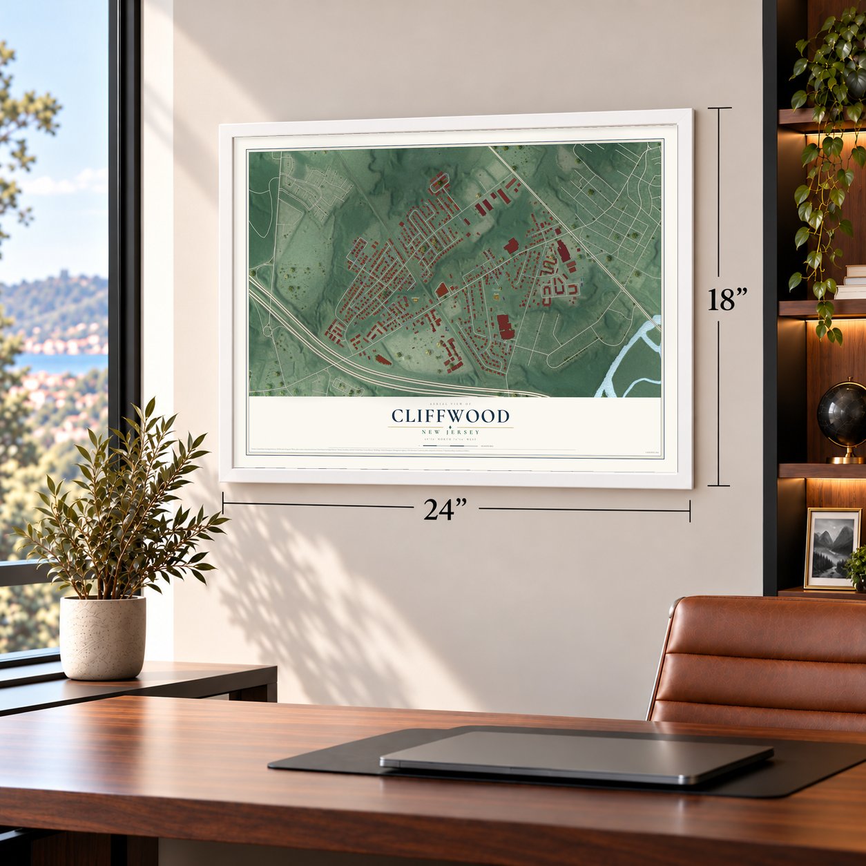Cliffwood, New Jersey map, 18 x 24 inch print in a white frame in a home office
