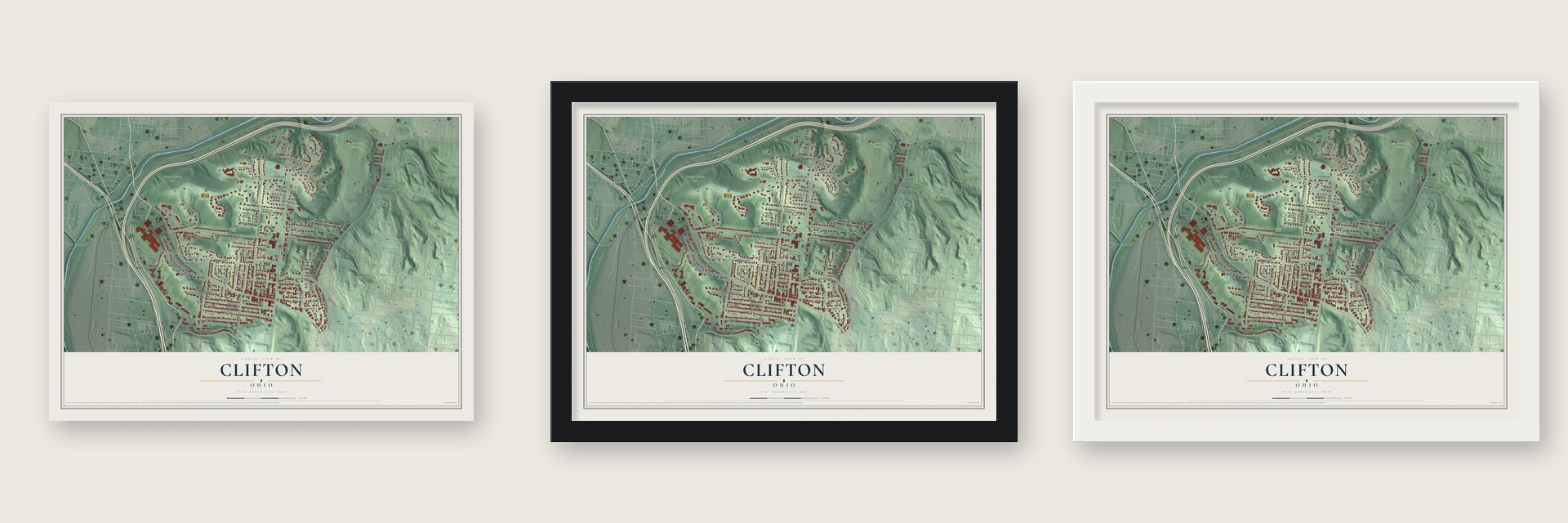 Clifton, Cincinnati, Ohio map unframed, in a black wood frame and in a white wood frame