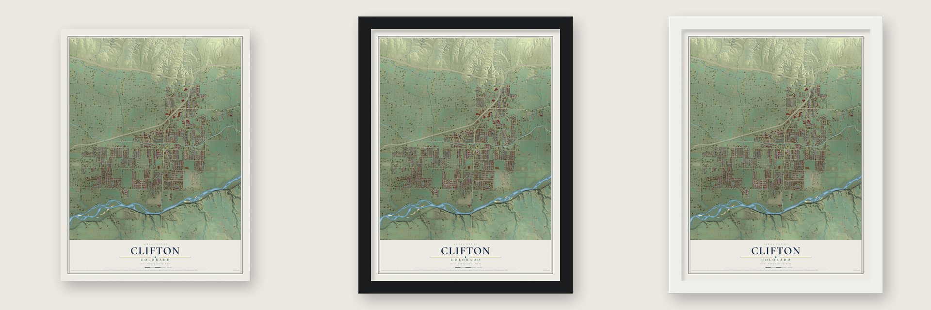 Clifton, Colorado map unframed, in a black wood frame and in a white wood frame