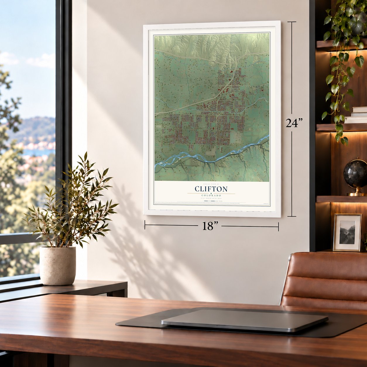 Clifton, Colorado map, 18 x 24 inch print in a white frame in a home office