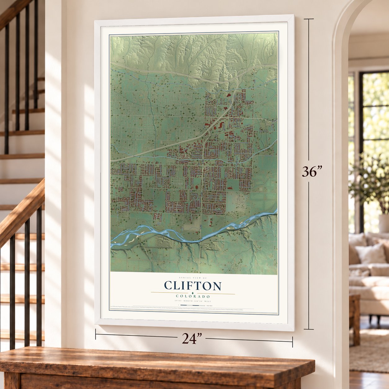 Clifton, Colorado map, 24 x 36 inch print in a white frame by a staircase