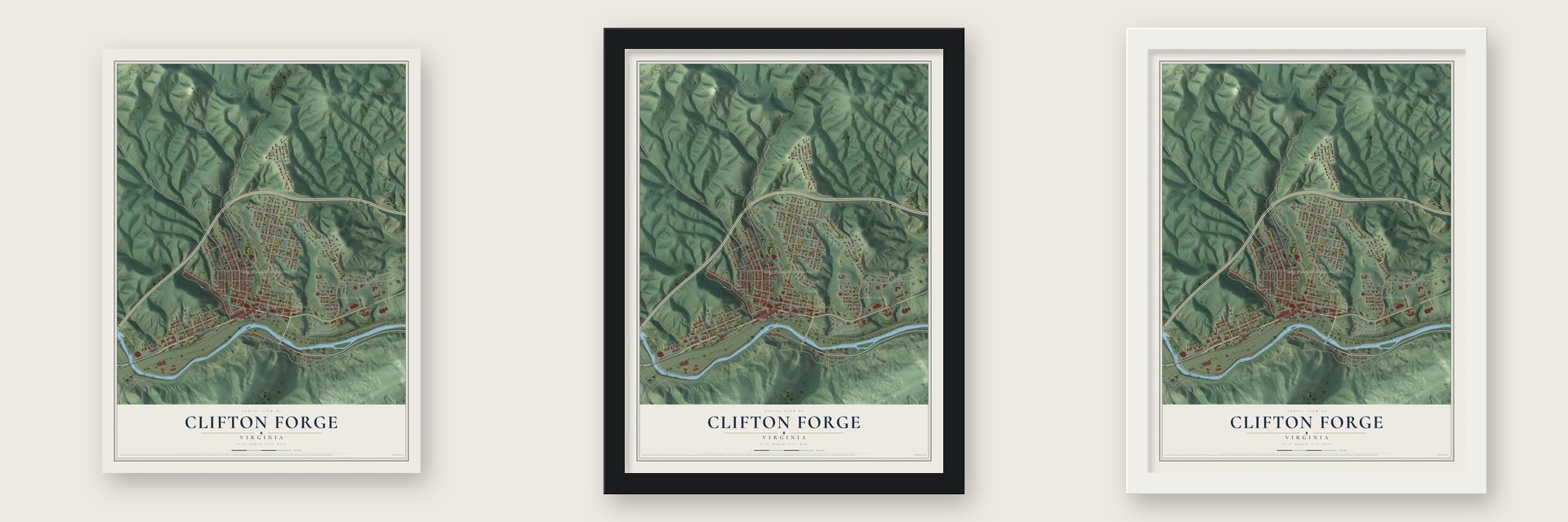 Clifton Forge, Virginia map unframed, in a black wood frame and in a white wood frame