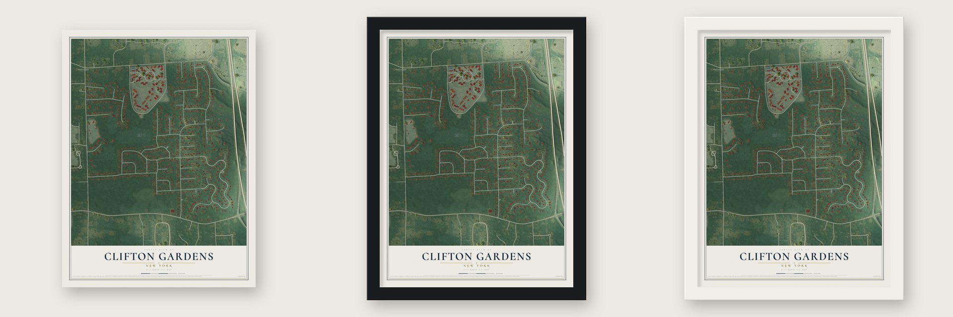Clifton Gardens, New York map unframed, in a black wood frame and in a white wood frame
