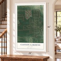 Clifton Gardens, New York map, 24 x 36 inch print in a white frame by a staircase