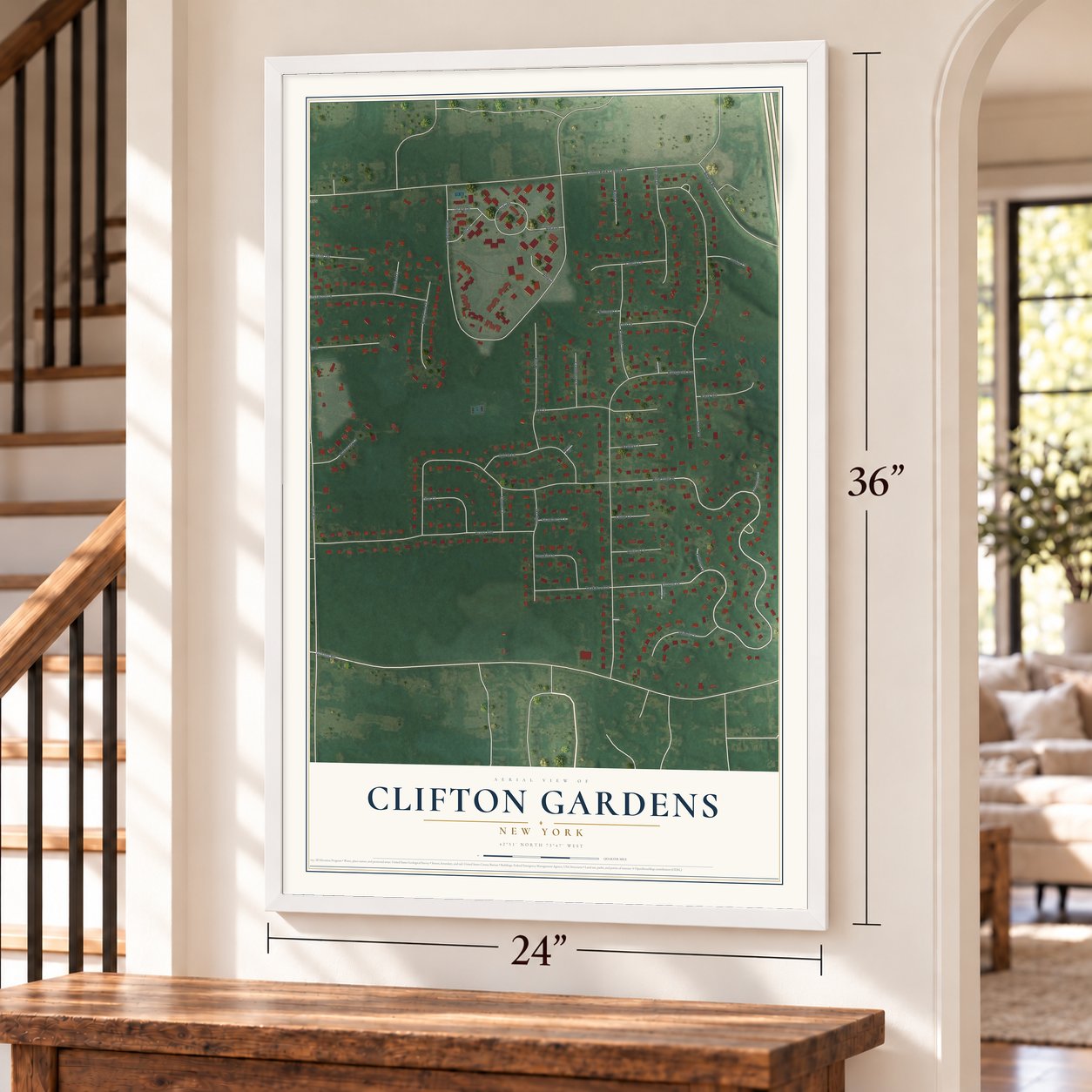 Clifton Gardens, New York map, 24 x 36 inch print in a white frame by a staircase