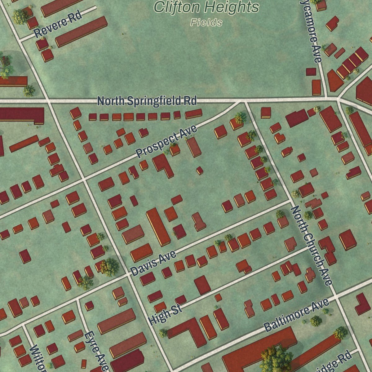 Second close-up of the map of Clifton Heights, Pennsylvania print showing more streets and buildings