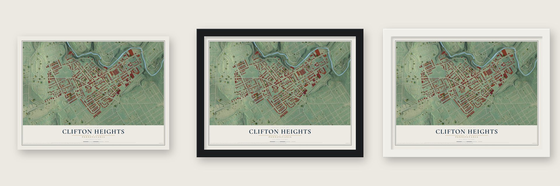 Clifton Heights, Pennsylvania map unframed, in a black wood frame and in a white wood frame