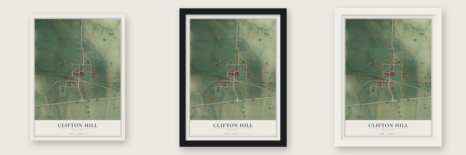 Clifton Hill, Missouri map unframed, in a black wood frame and in a white wood frame