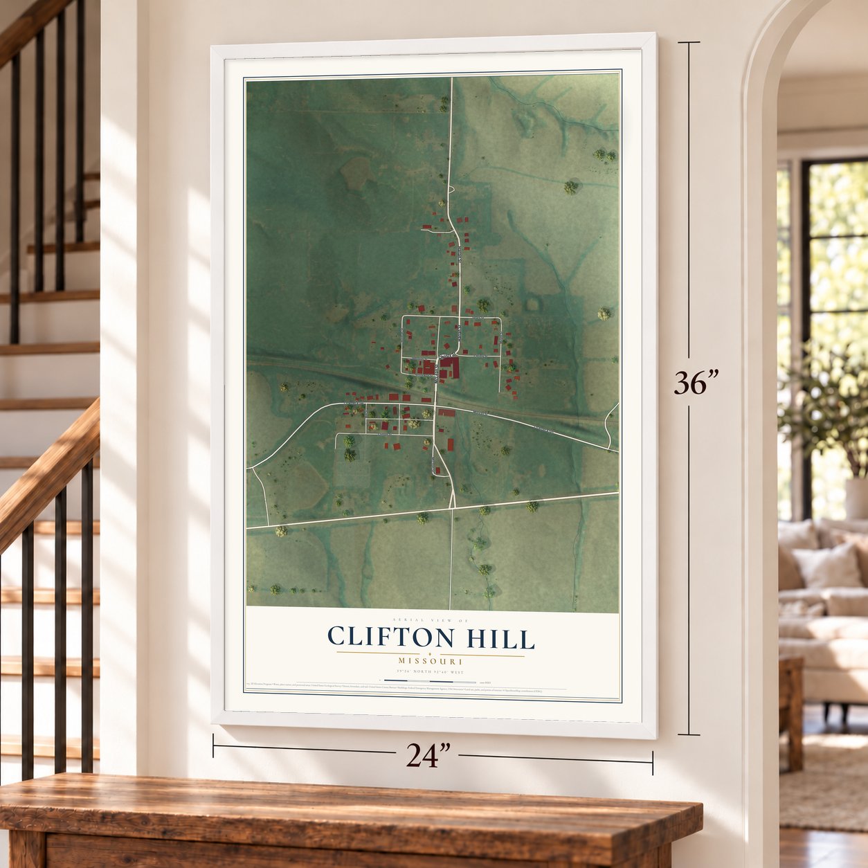 Clifton Hill, Missouri map, 24 x 36 inch print in a white frame by a staircase