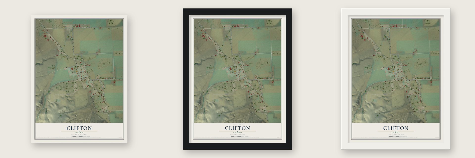 Clifton, Idaho map unframed, in a black wood frame and in a white wood frame
