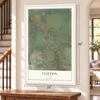 Clifton, Idaho map, 24 x 36 inch print in a white frame by a staircase