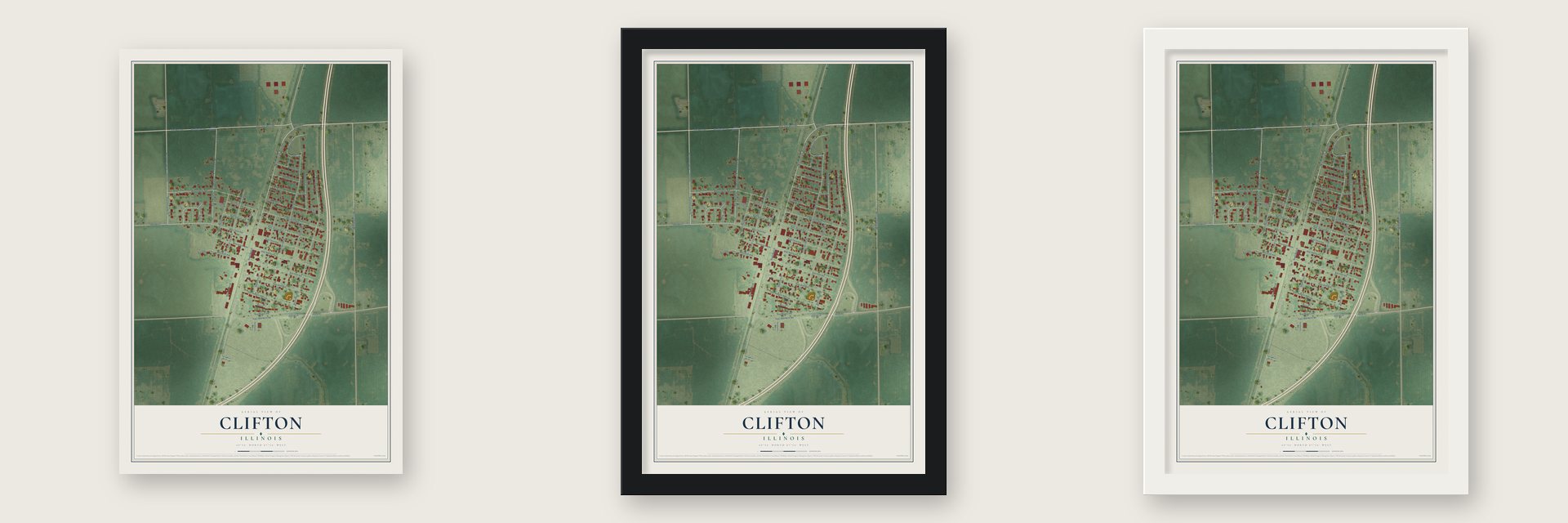 Clifton, Illinois map unframed, in a black wood frame and in a white wood frame