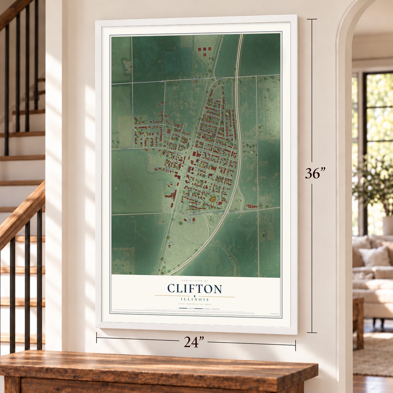 Clifton, Illinois map, 24 x 36 inch print in a white frame by a staircase